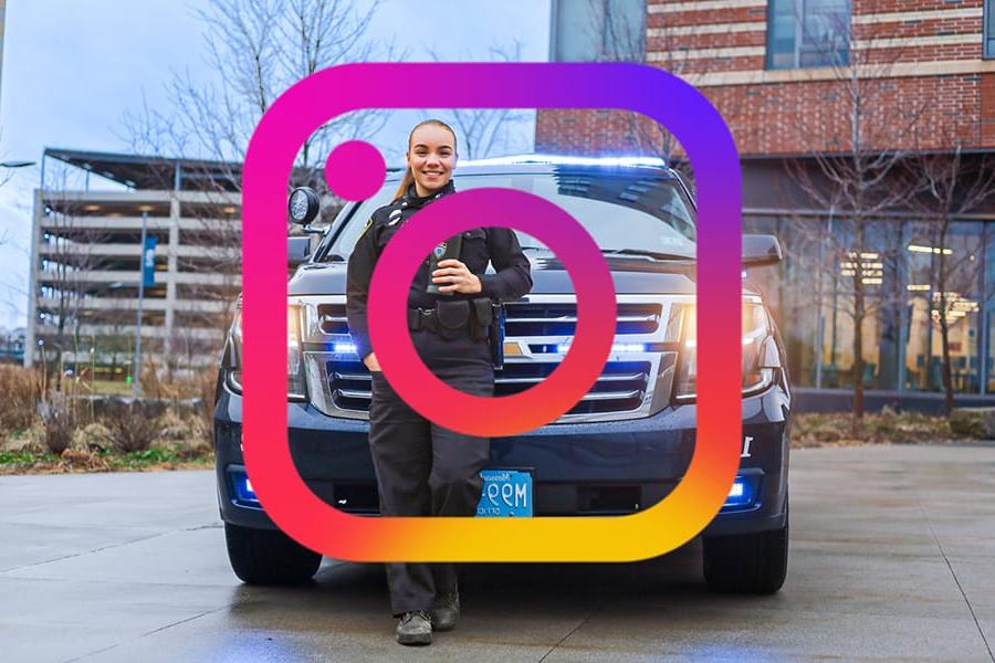 Instagram logo over photo of a police officer posing by cruiser.